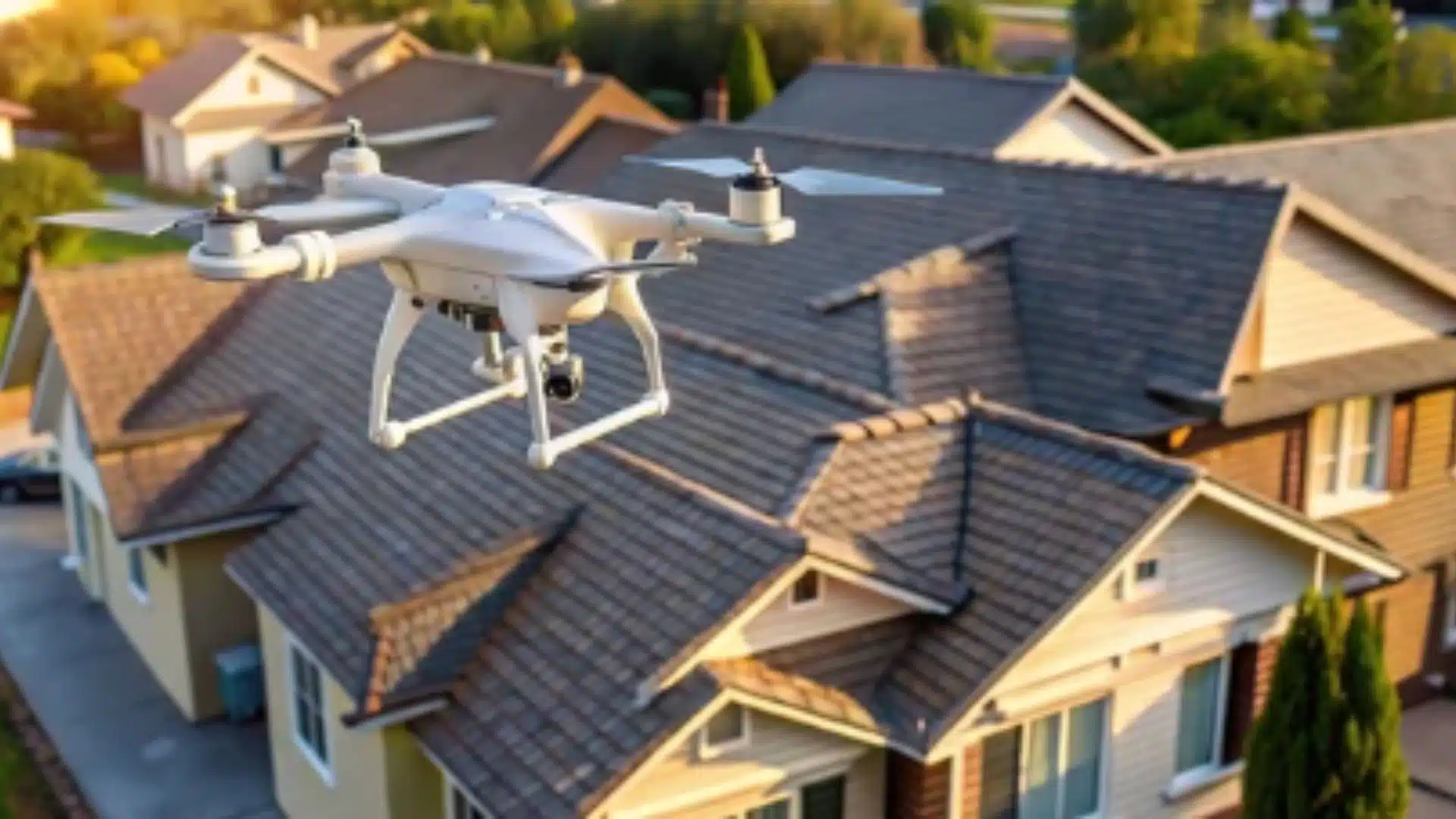 Drone flying over a roof to inspect damage as part of how to spot roof damage, an essential service provided by a roofer Gulfport, MS