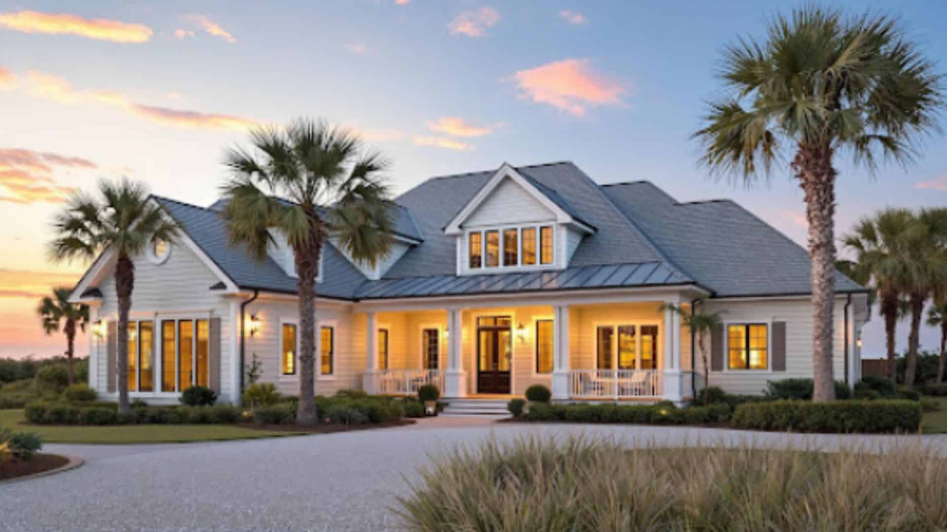 The Ultimate Gulf Coast Guide: Choosing Your Perfect Roof Color (That Your Neighbors Will Envy) 2 Elegant coastal home with grey-blue architectural shingles and swaying palms along Mississippi's Gulf Coast at sunset