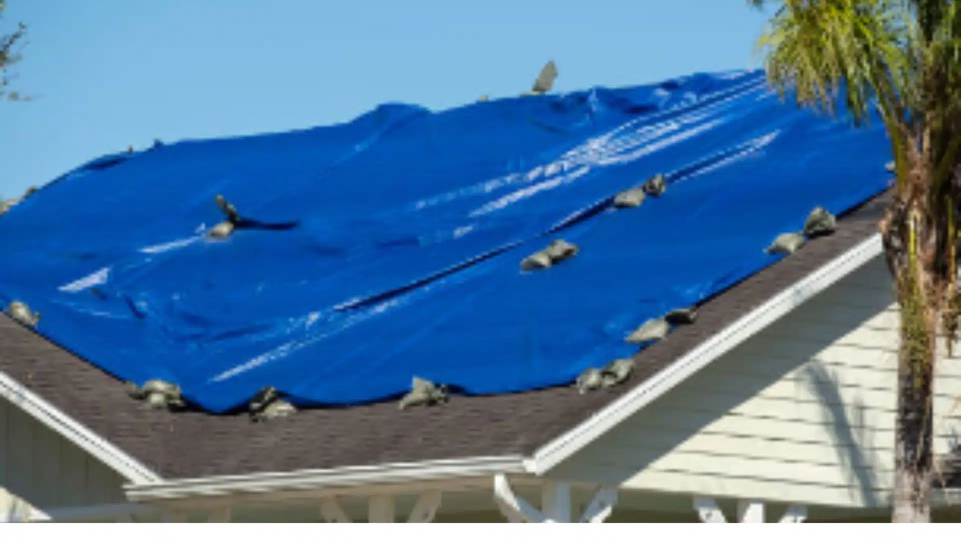 House with blue tarp covering roof damage after a Gulf Coast storm, showing temporary repairs before filing a roof insurance claim.