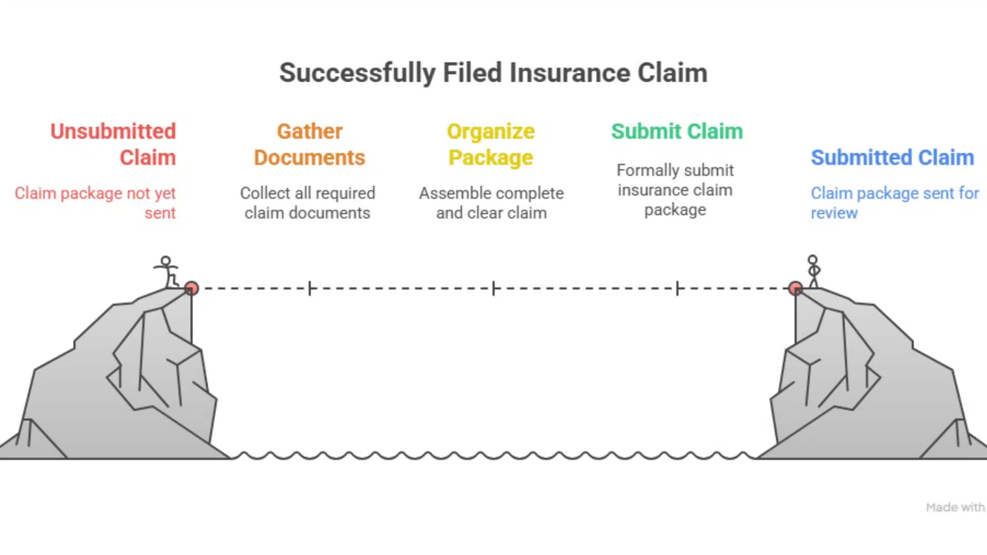 Illustration of the roof insurance claim process from unsubmitted to submitted status, highlighting steps like gathering documents and submitting the claim for review.