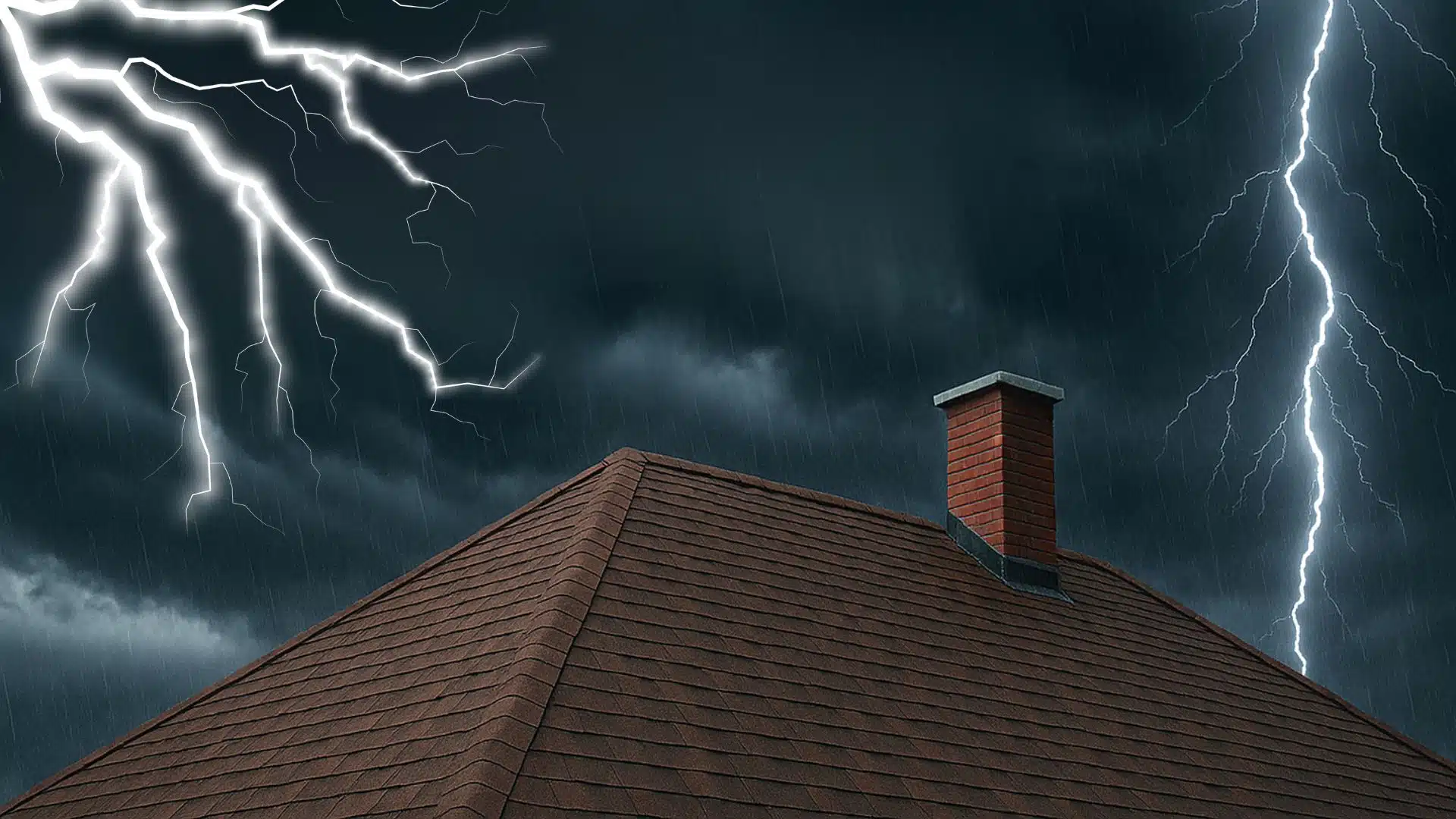 A residential roof under heavy lightning and rain, showcasing storm-resistant upgrades in Gulfport MS.