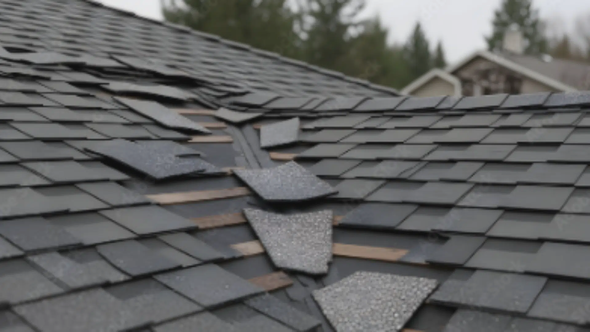 Damaged roof after Gulfport MS storm – highlighting the need for emergency roof repair services.