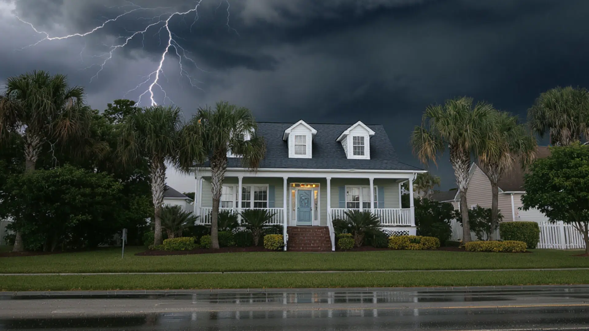 Mississippi Gulf Coast home with storm clouds and lightning, symbolizing roof risks during hurricane season in Gulfport MS