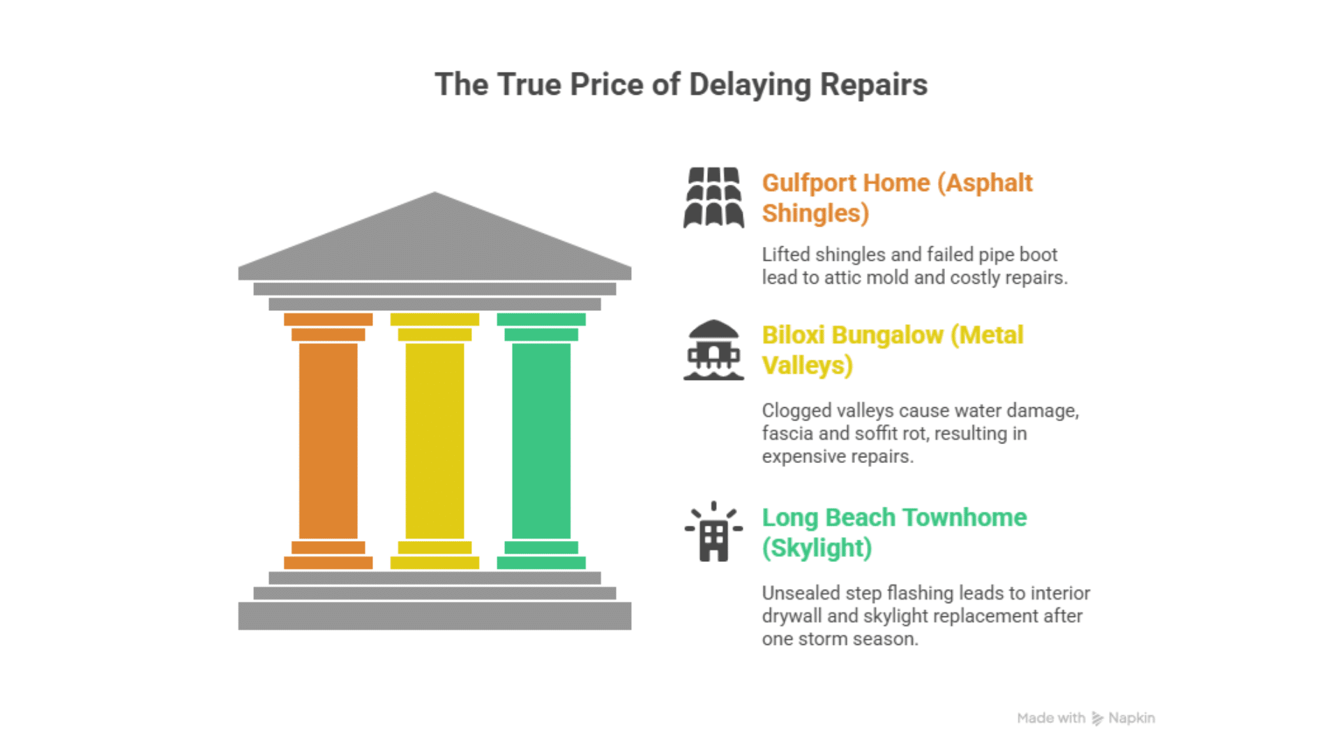 Infographic showing hidden costs of roof neglect on Gulf Coast homes, including Gulfport asphalt shingle leaks, Biloxi bungalow valley rot, and Long Beach skylight failure