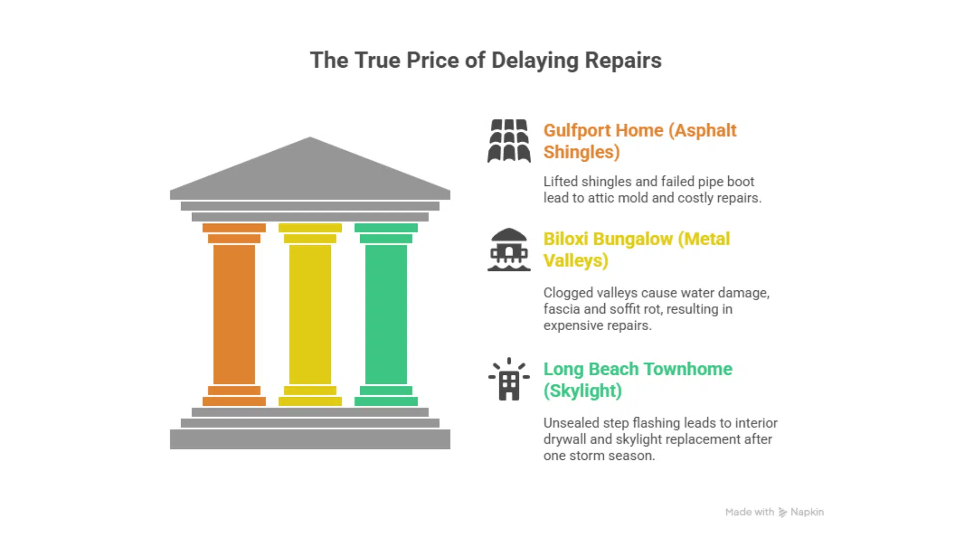 Infographic showing hidden costs of roof neglect on Gulf Coast homes, including Gulfport asphalt shingle leaks, Biloxi bungalow valley rot, and Long Beach skylight failure