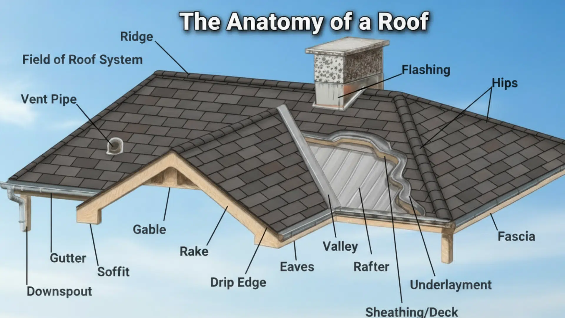 Illustrated diagram of roof anatomy showing shingles, underlayment, decking, flashing, ridge, hips, valley, fascia, soffit, gutter, and downspout — created for homeowners in Gulfport MS and the Mississippi Gulf Coast to understand roof parts.