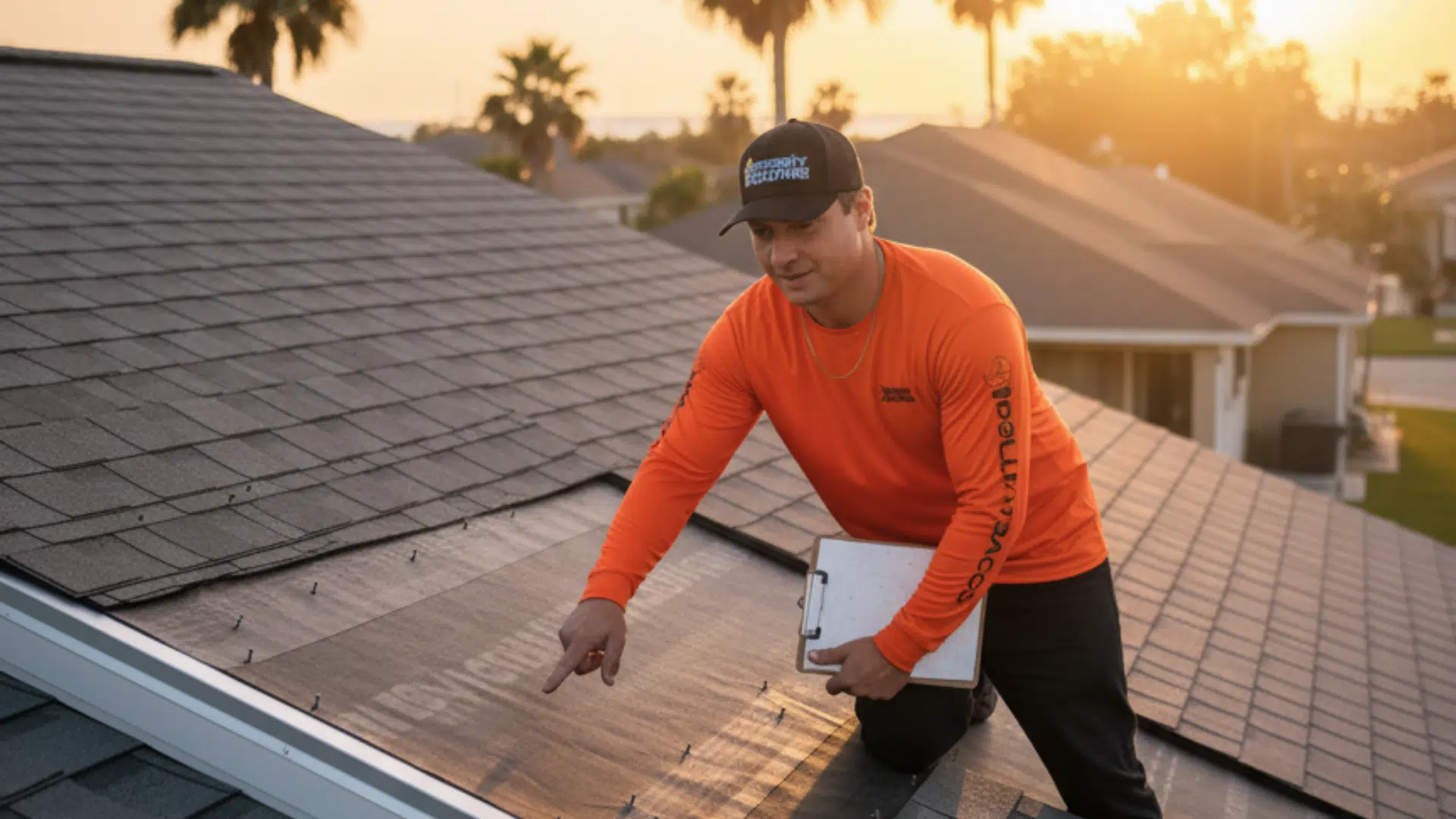Roofing contractor inspecting a FORTIFIED™ roof on a Gulfport, Mississippi coastal home, highlighting sealed roof deck and hurricane-resistant construction.