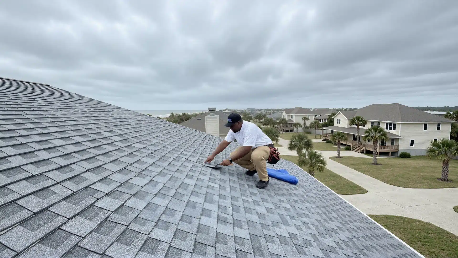 Local Gulfport roofer inspecting a home roof before hurricane season, checking shingles and flashing under cloudy coastal sky.