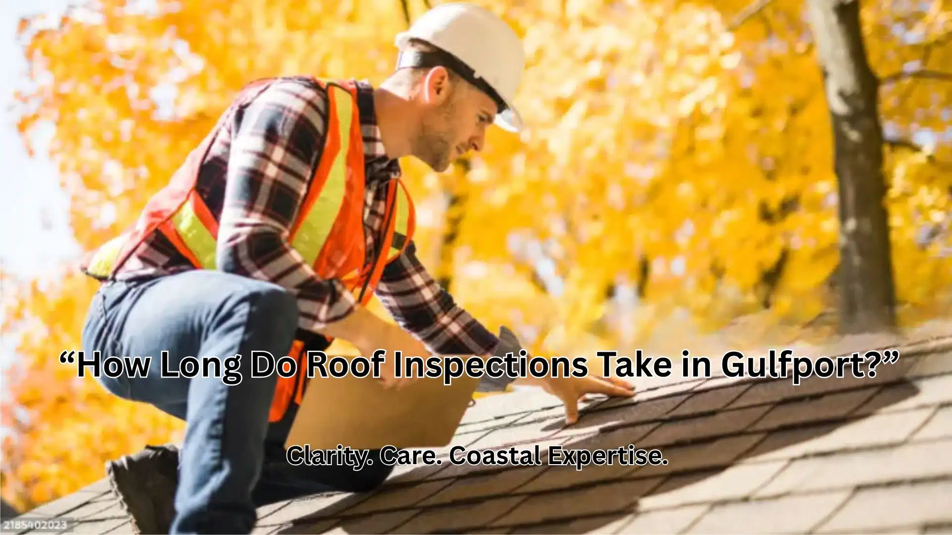 “Professional roofer inspecting a Gulfport MS home roof under clear Gulf Coast skies during a detailed roof inspection.”