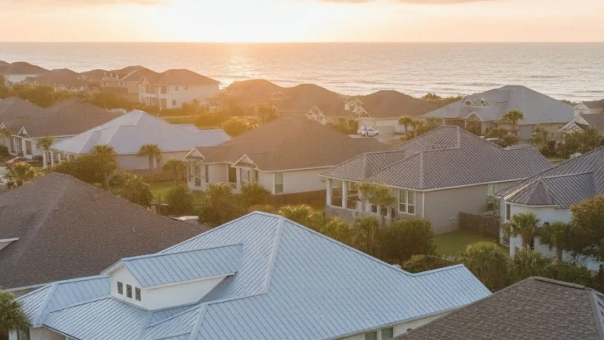 Roofing contractor inspecting a roof in a coastal Gulfport, Mississippi neighborhood, evaluating shingle condition and lifespan in a salt-air hurricane zone.