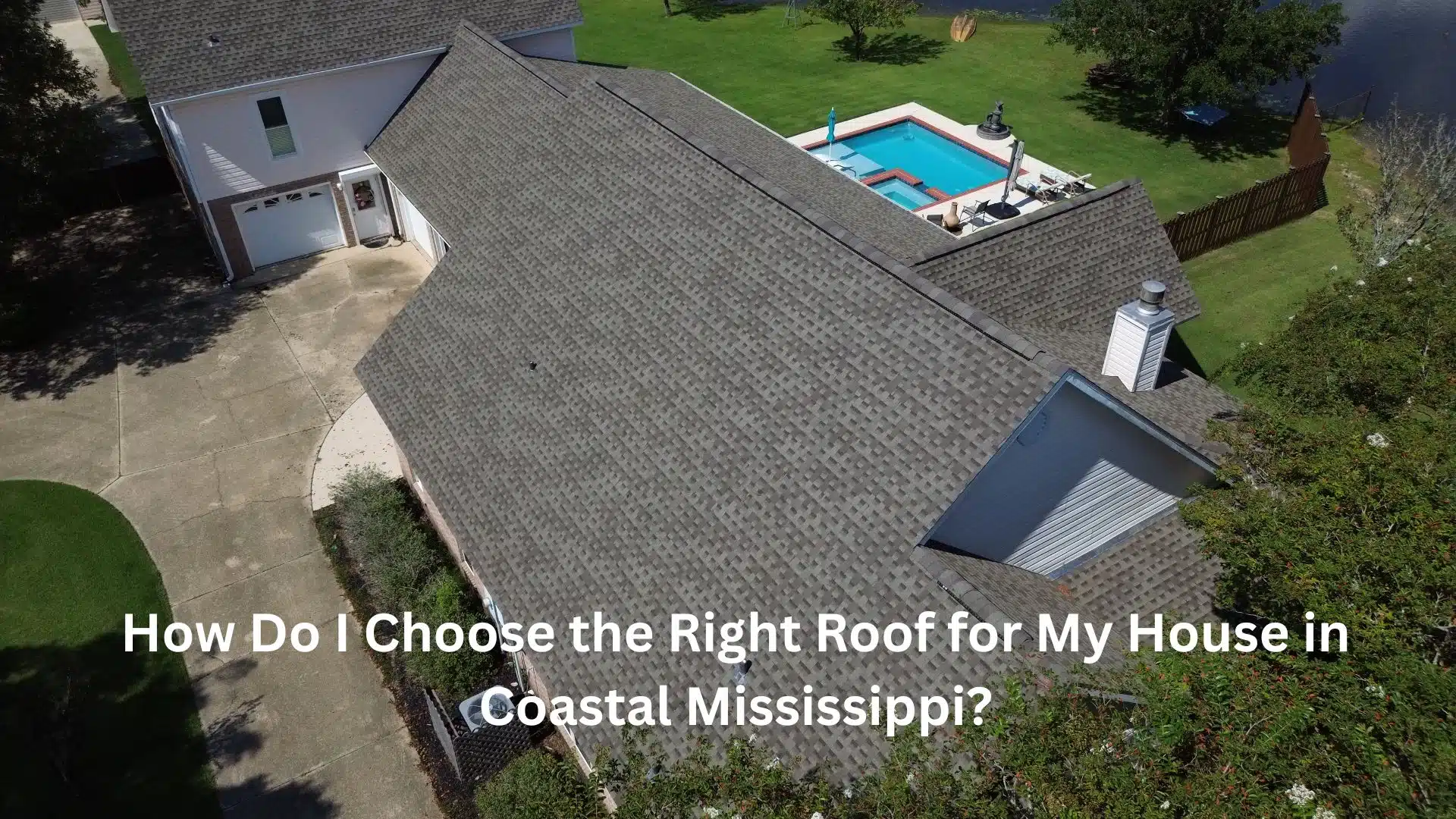 Drone view of a coastal Mississippi home with a new fortified roof installation by roofer Gulfport MS, showing durability and curb appeal.
