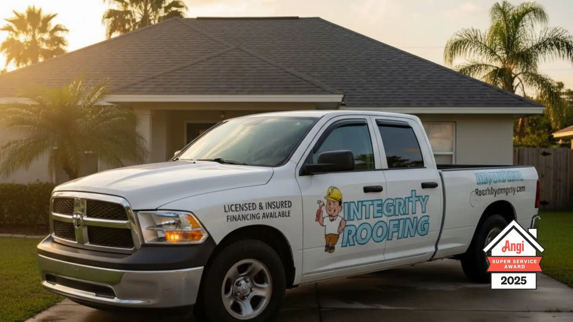 Integrity Roofing truck parked in front of a freshly installed Fortified roof in Biloxi MS, golden hour lighting, celebrating the 2025 Angi Super Service Award.