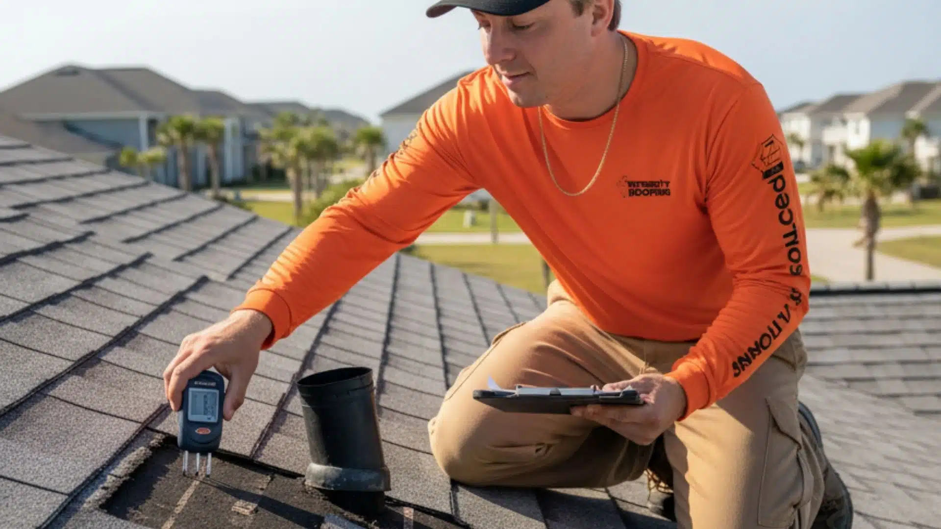 Integrity Roofing team member performing a roof inspection on a coastal Mississippi home using a moisture meter near a pipe boot with two missing shingles, documenting findings with a clipboard. Realistic roof shingles and Gulfport MS neighborhood background. Professional roof assessment focused on maintenance and storm-resilient roofing.