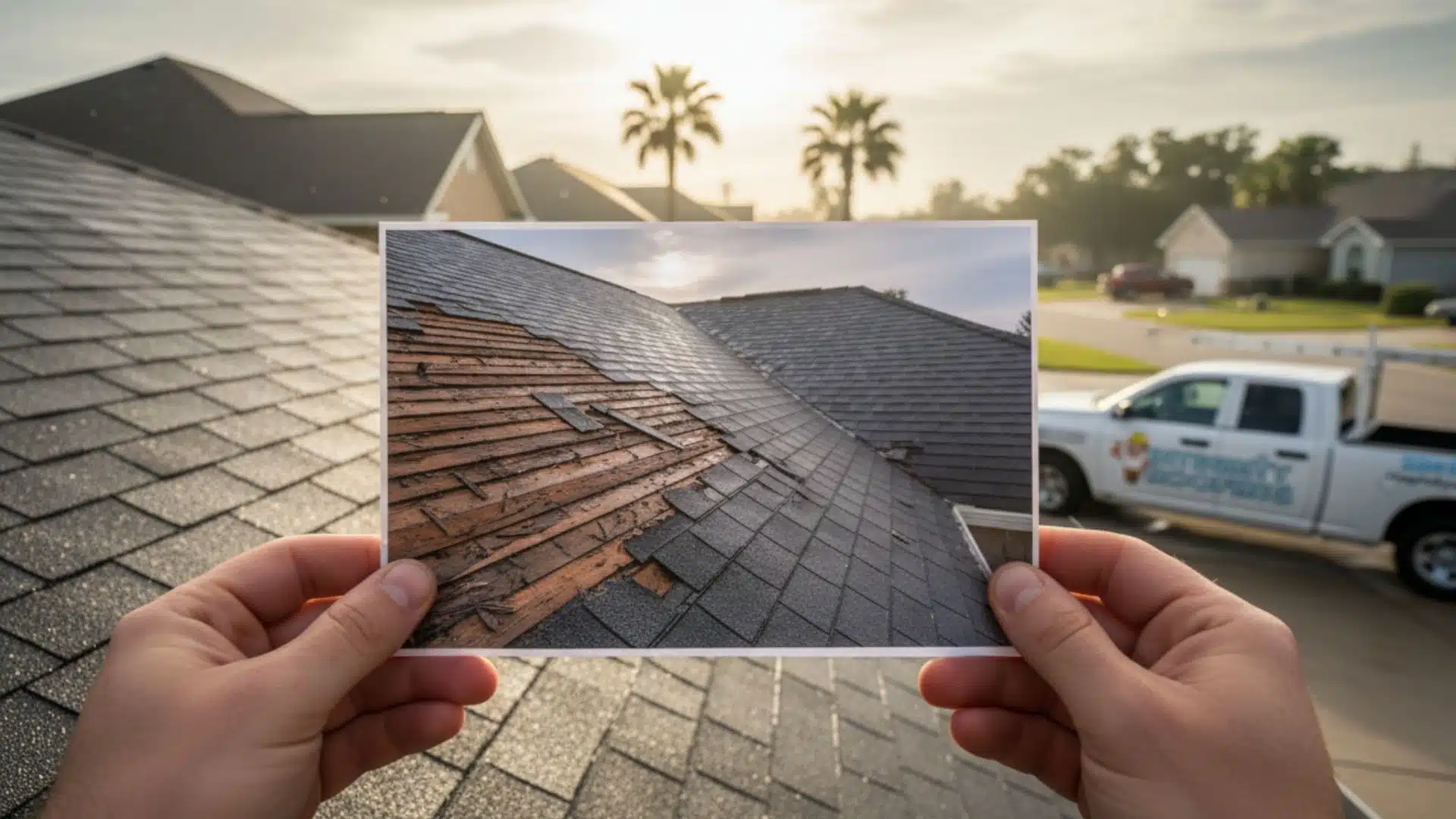 Hands holding a photo of roof damage aligned with the real roof in the background during an on-site inspection in Gulfport, MS, highlighting proof-based roofing assessments from Integrity Roofing compared to inaccurate online roofing estimates.