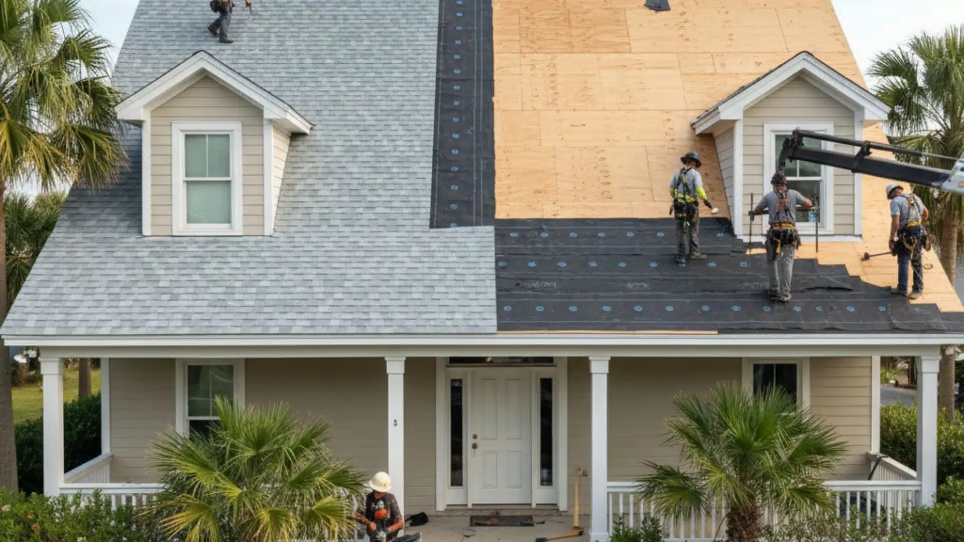 Professional roof tear-off on a Mississippi Gulf Coast home showing exposed roof deck and new shingle installation for a FORTIFIED roofing system.