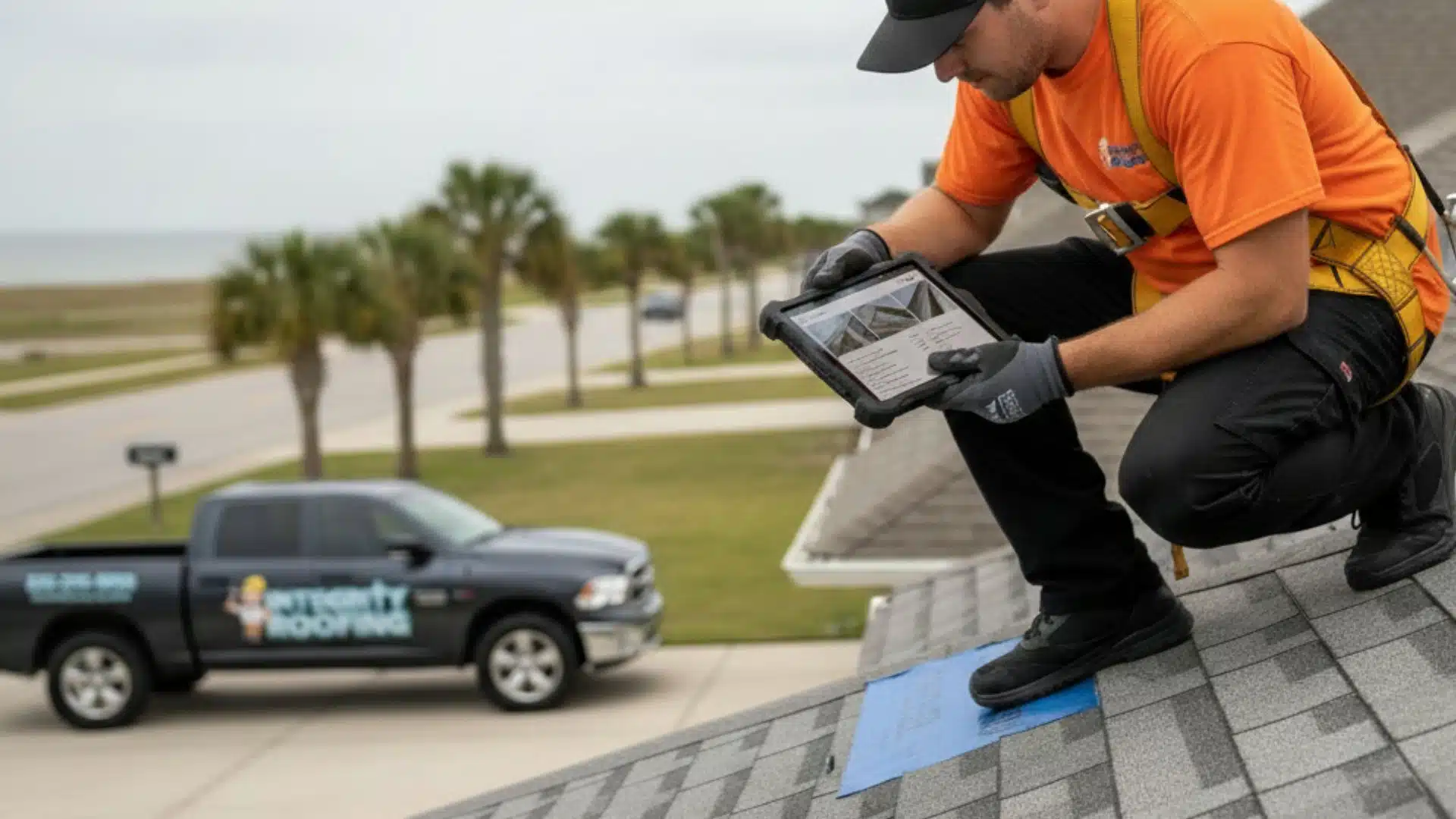 Local roofer performing roof inspection on a Gulfport MS home with work truck in driveway