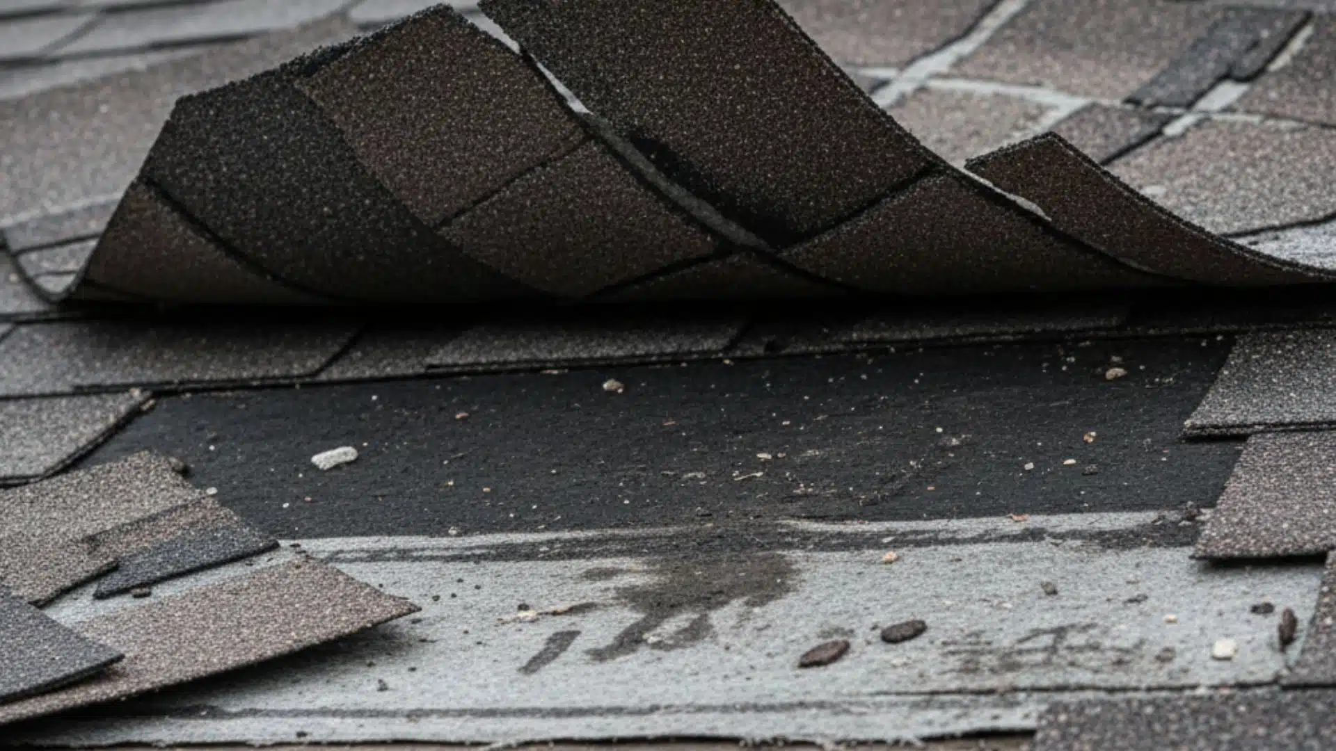 Storm-damaged roof in Gulfport MS with lifted shingles exposing roof underlayment