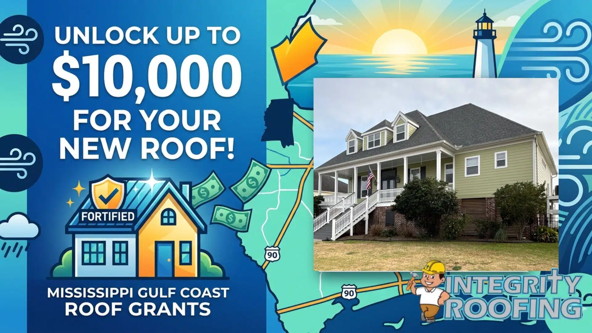 A promotional marketing banner for Integrity Roofing titled "Mississippi Gulf Coast Roof Grants." The left side of the graphic features bold white typography stating "UNLOCK UP TO $10,000 FOR YOUR NEW ROOF!" over a deep blue gradient background decorated with wind, rain, and floating currency icons above a cartoon illustration of a fortified yellow house. The background shows a green regional vector map highlighting Highway 90 along the Gulf Coast coastline under a bright morning sun and a blue lighthouse. On the right, a real photo of a large, olive-green residential home with a newly completed gray architectural shingle roof installation is embedded, accompanied by the Integrity Roofing corporate logo and a friendly cartoon roofer character wearing a yellow hard hat.