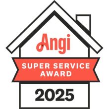 Angi Super Service Award 2025 badge shaped like a house, with a red ribbon banner displaying the award title in white text.